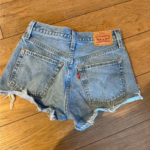 Levi Classic Distressed Blue Denim Jean Shorts - Women's - Picture 2 of 4